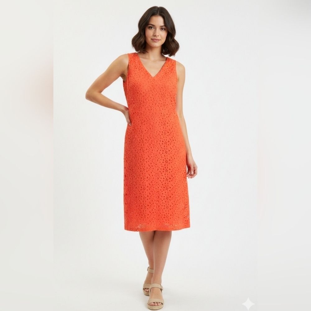 Talbots Red Floral Medallion Eyelet Shift Dress Size 4 Midi V-Neck Cotton